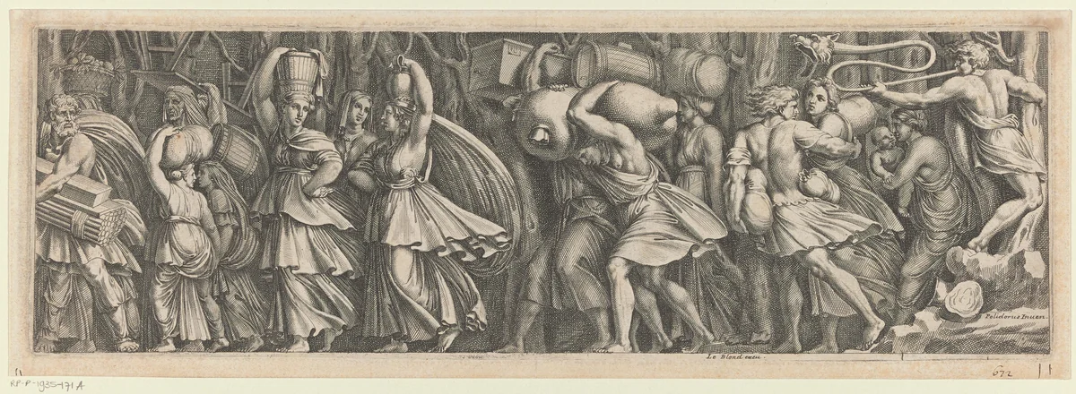 Processie van mannen en vrouwen met proviand by anonymous, print, 1645-1700