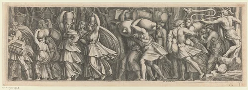 Processie van mannen en vrouwen met proviand by anonymous, print, 1645-1700