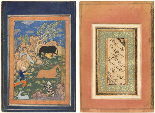 Rustam Lassoing his Horse, Rakhsh, in a Landscape (recto); Calligraphy, Persian Verses (verso) by Unknown, manuscript, 1460-1499