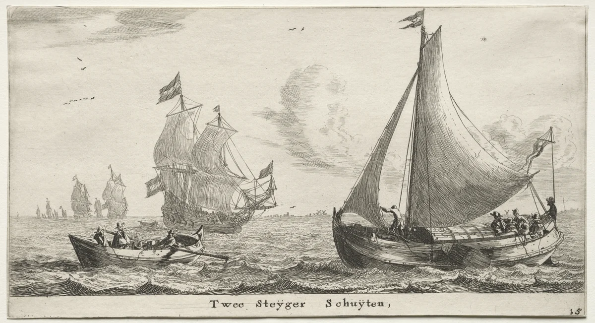 Various Ships and Views of Amsterdam (Verscheÿde Schepen en Gesichten van Amstelredam), Part II: Two Pier Boats by Clement de Jonghe, print, 1652-1654