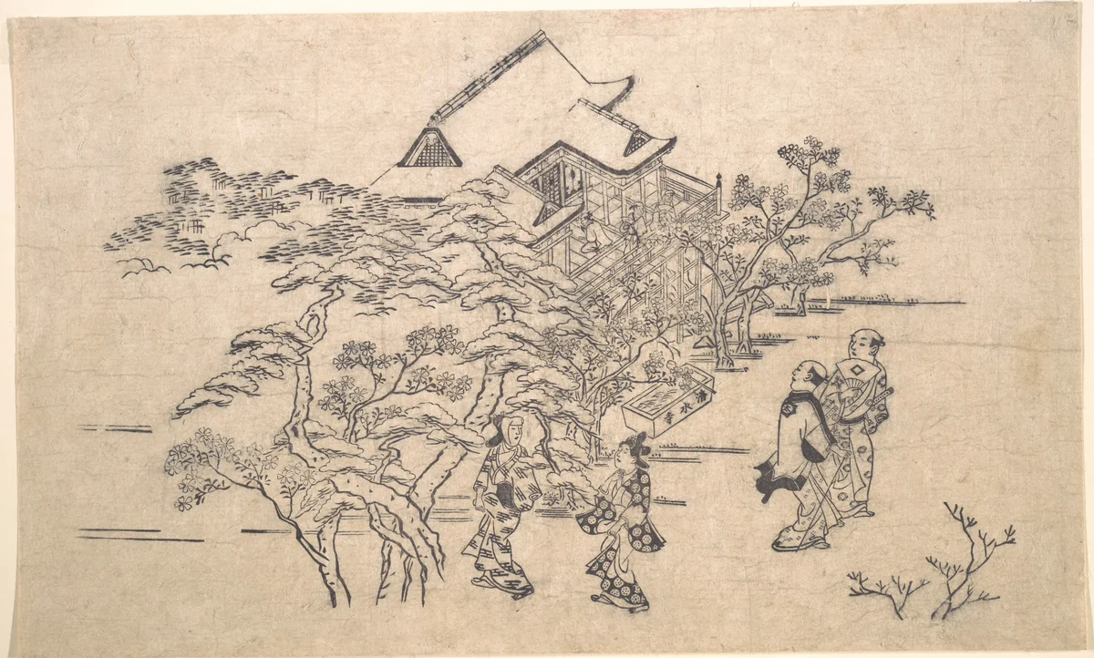 Kiyomidzu Temple in Kyoto by Hishikawa Moronobu (菱川師宣), print, 1615-1868