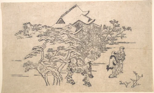 Kiyomidzu Temple in Kyoto by Hishikawa Moronobu (菱川師宣), print, 1615-1868
