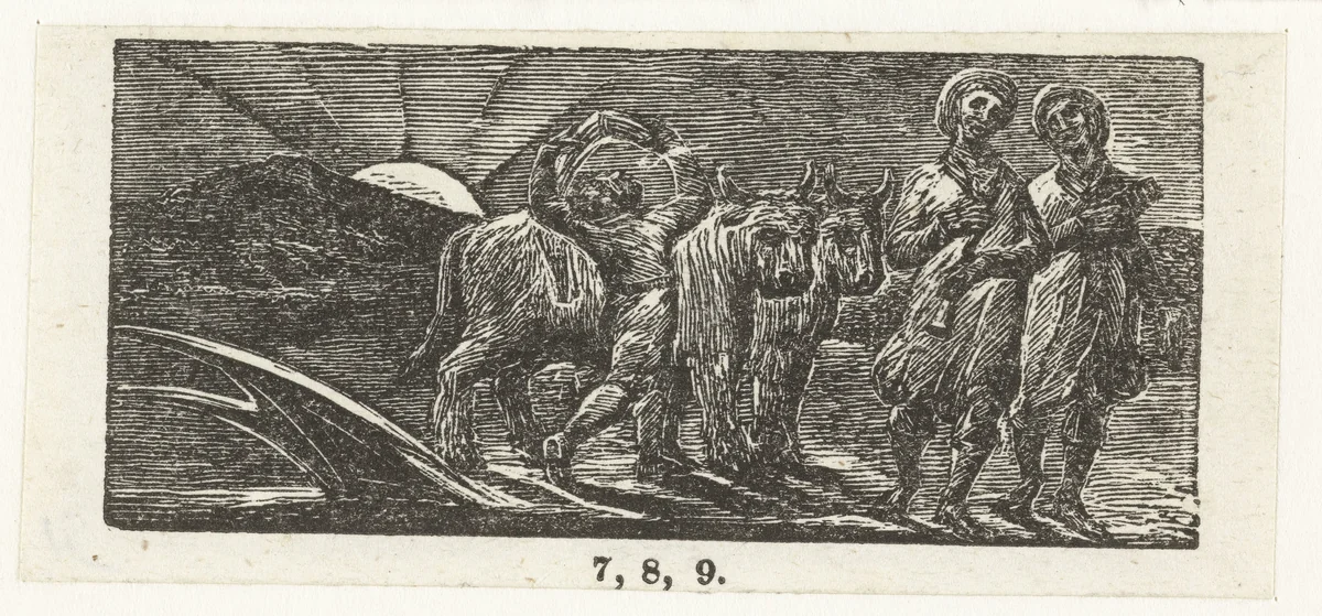 Jongen met twee ossen en een ploeg by William Blake, print, 1820-1821