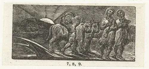 Jongen met twee ossen en een ploeg by William Blake, print, 1820-1821
