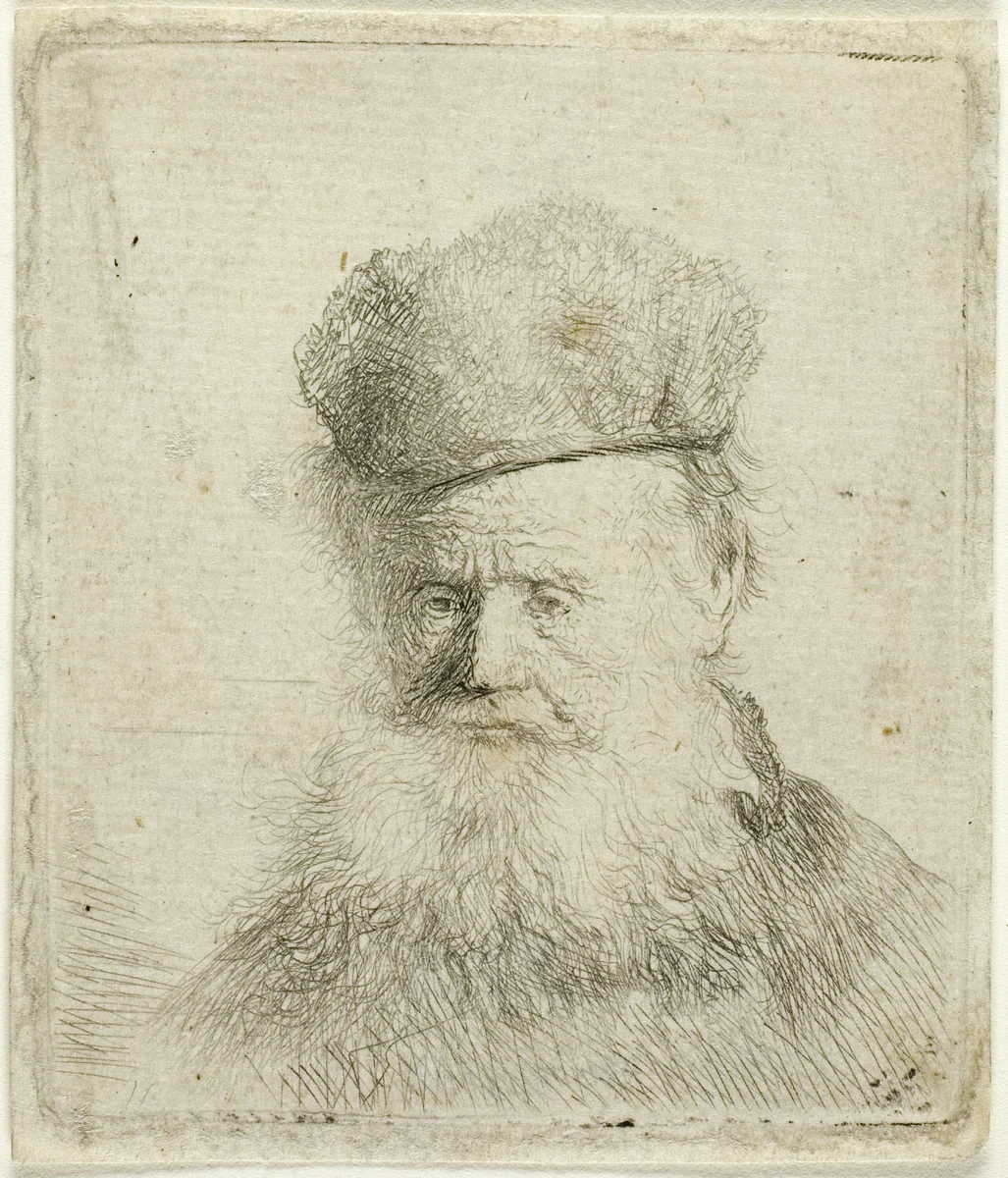 Bust of an Old Man with a Fur Cap and Flowing Beard, Nearly Full Face by Rembrandt van Rijn, print, 1626-1636
