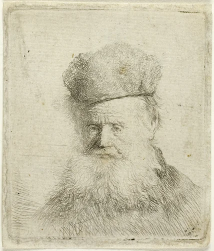 Bust of an Old Man with a Fur Cap and Flowing Beard, Nearly Full Face by Rembrandt van Rijn, print, 1626-1636