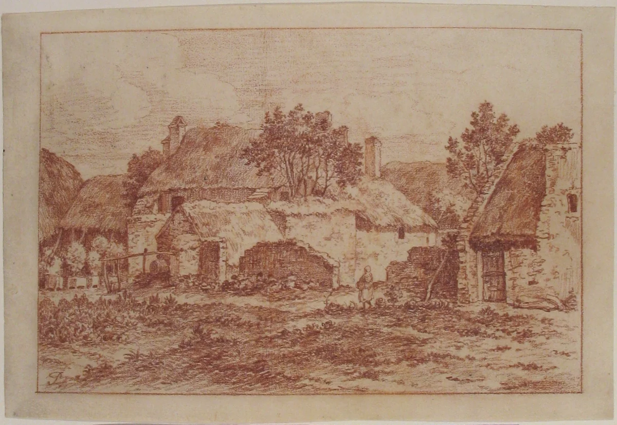 Landscape With a Farmyard, Thatched-Roofed Buildings and a Peasant Woman by anonymous, drawing, 1755-1819