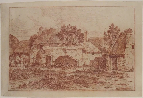 Landscape With a Farmyard, Thatched-Roofed Buildings and a Peasant Woman by anonymous, drawing, 1755-1819