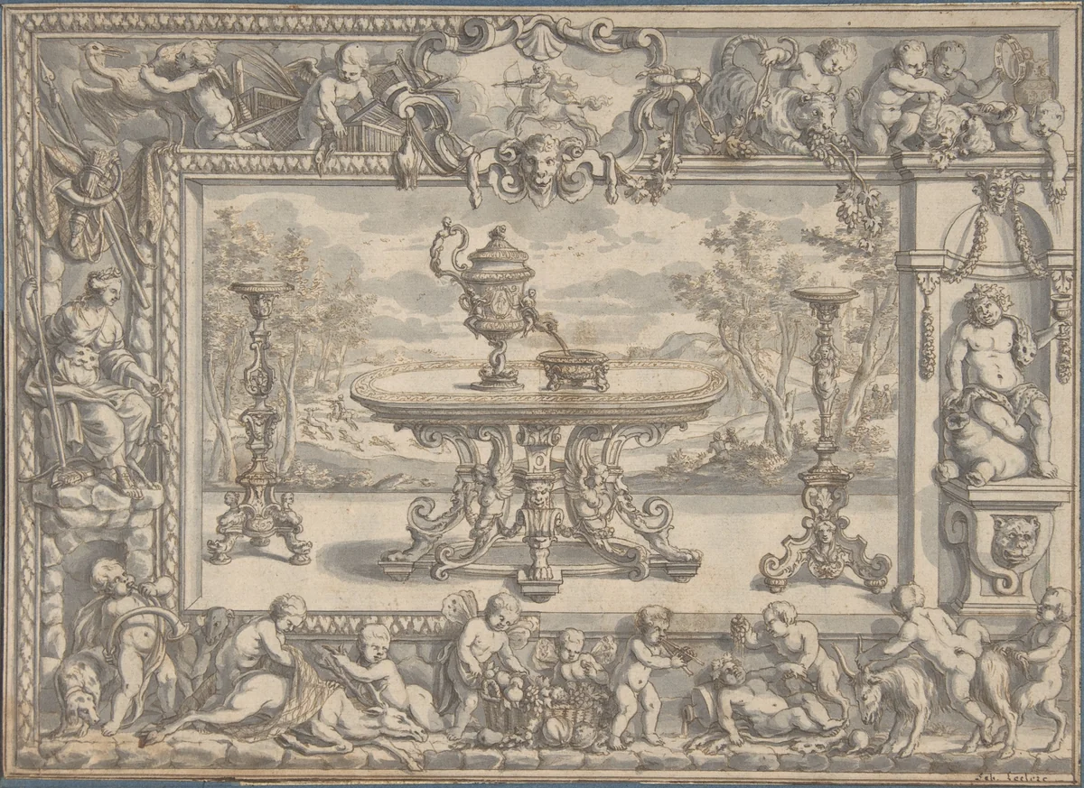 Design for an Ewer, table and candelabra within an ornamental frame by Abraham Drentwett the Elder, drawing, 1660-1727