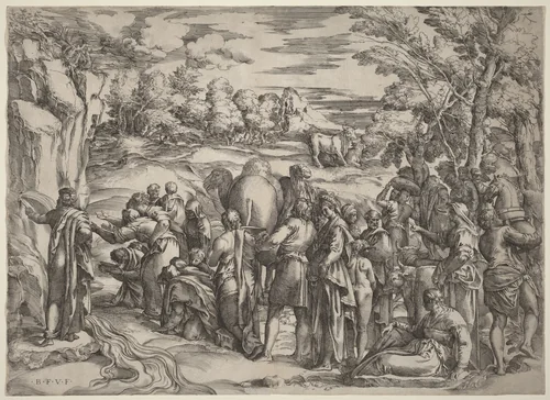 Moses Striking the Rock by Battista Franco, print, 1498-1561