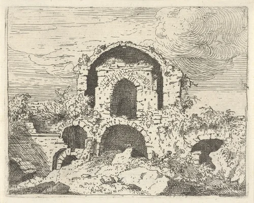 Ruïne in een landschap by Govert van der Leeuw, print, 1655-1688