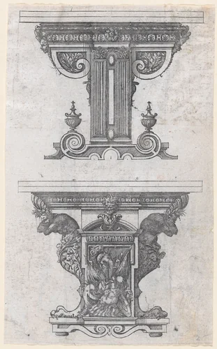 Two Table Designs by Jacques Androuet du Cerceau, print, 1565-1570