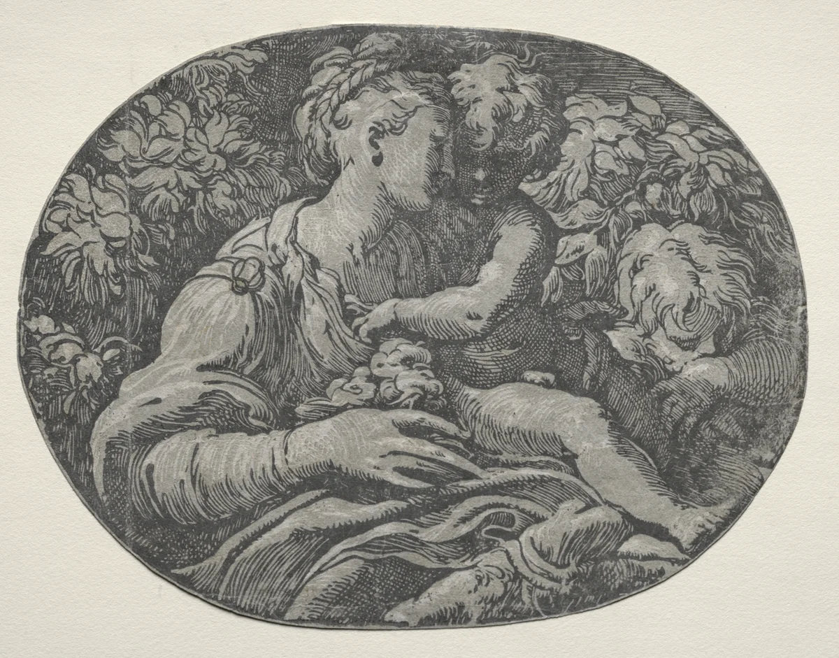 Virgin and Child with St. John by Antonio da Trento, print, 1500-1600