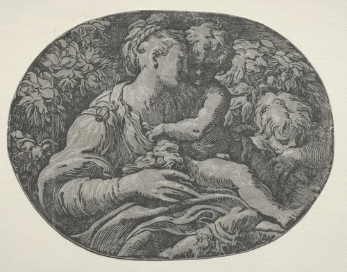 Virgin and Child with St. John by Antonio da Trento, print, 1500-1600
