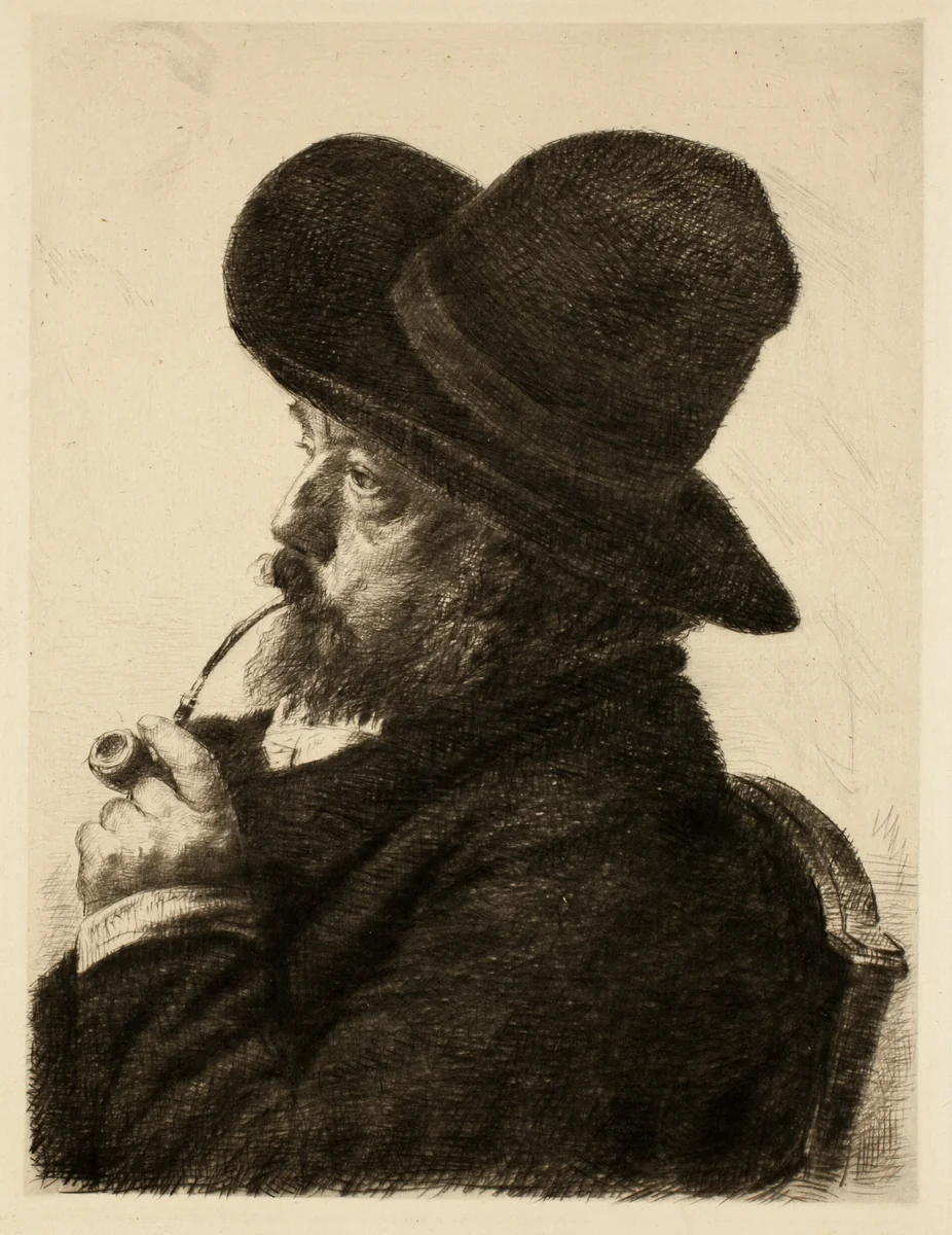 Smoking in Large Hat (Self Portrait) by Marcellin Gilbert Desboutin, print, 1888