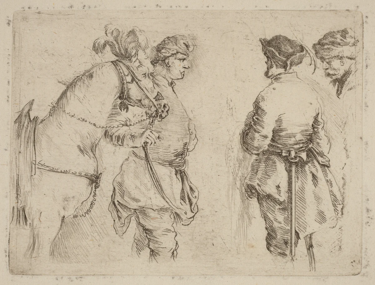 Pole Holding the Bridle of a Horse while Speaking with Two Other Men by Stefano della Bella, print, 1610-1664