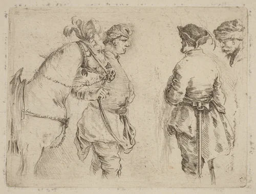 Pole Holding the Bridle of a Horse while Speaking with Two Other Men by Stefano della Bella, print, 1610-1664
