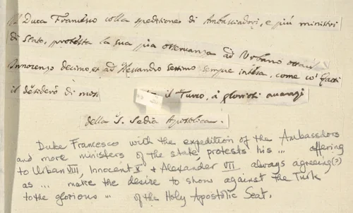 Francesco I d'Este, with the Expedition of the Embassadors and Ministers of State, Declares his Ofference to Urban VIII, Innocent X, and Alexander VII to Continue to Defend Against the Turks, from "L'Idea di un Principe ed Eroe Cristiano in Francesco I d'Este, di Modena e Reggio Duca VIII [...]" by Bartolomeo Fenice, print, 1659