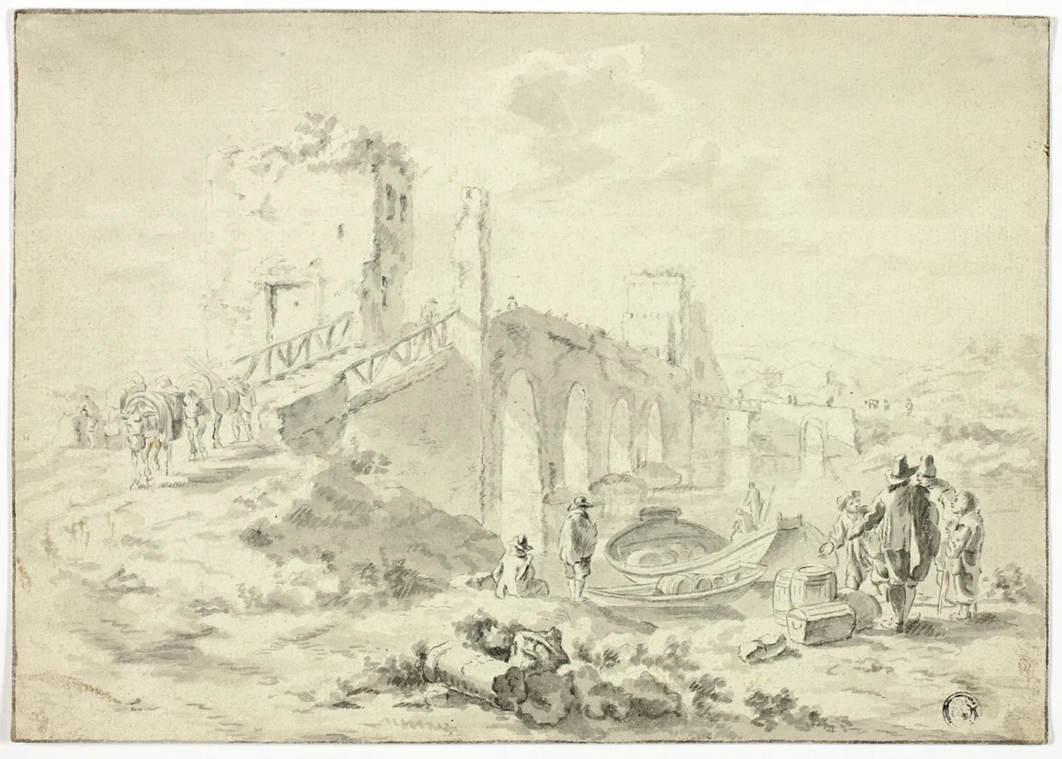 Figures Crossing Stone Bridge Above Boat Ferrying Barrels by Andries Dirksz Both, drawing, 1631-1641