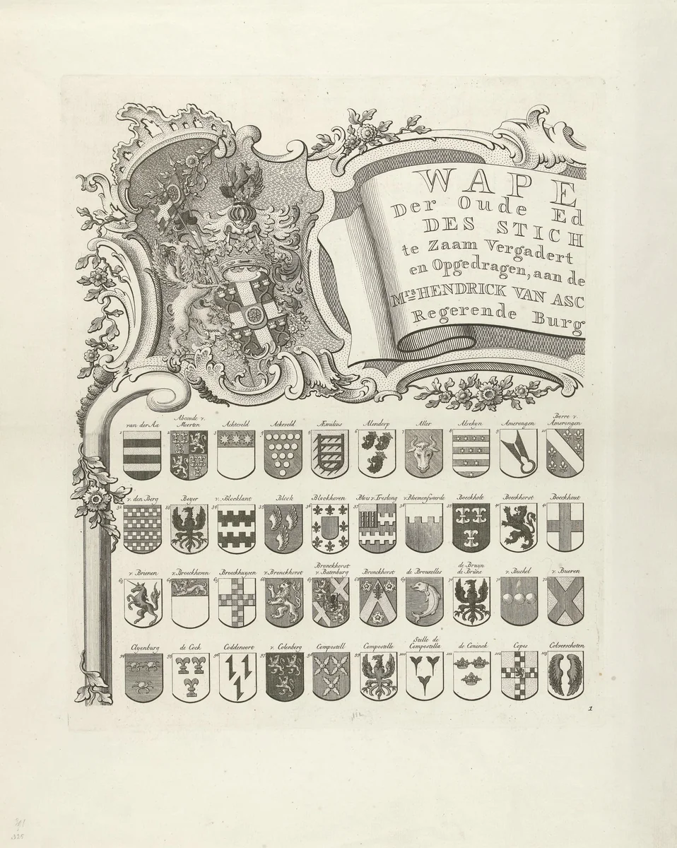 Wapenkaart van oude geslachten van Utrecht, blad linksboven by Johannes van Hiltrop, print, 1769
