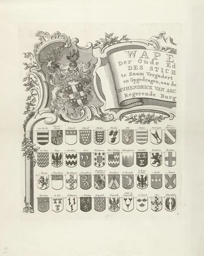Wapenkaart van oude geslachten van Utrecht, blad linksboven by Johannes van Hiltrop, print, 1769