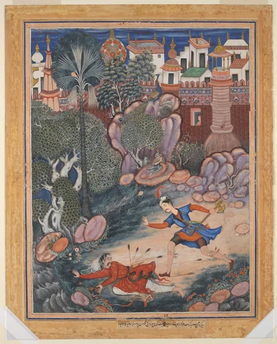 "'Umar Walks around Fulad Castle, Meets a Foot Soldier and Kicks Him to the Ground", Folio from a Hamzanama (The Adventures of Hamza) by Kesav Das, manuscript, 1545-1595