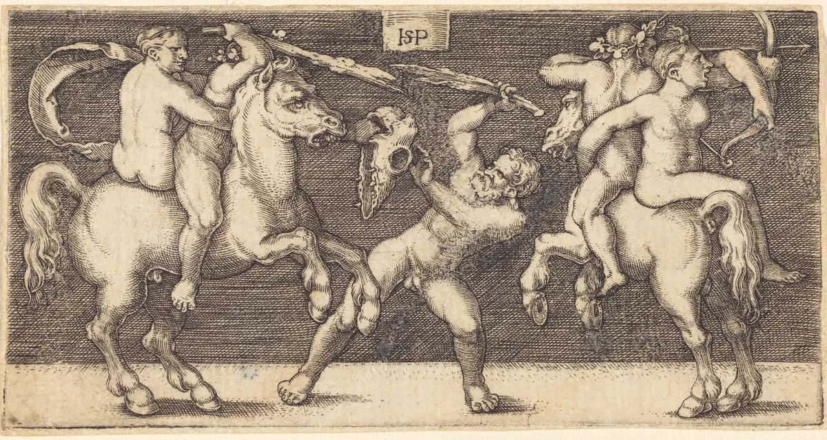 Battle Scene, with Castor and Pollux Abducting the Daughters of Leukippos by Sebald Beham, print, 1528-1529