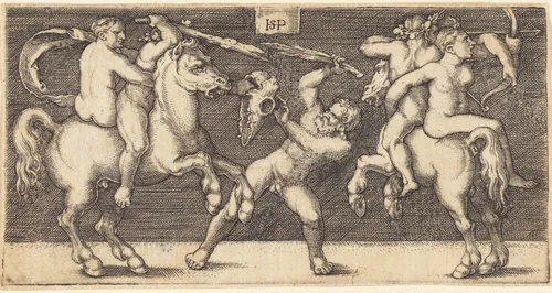 Battle Scene, with Castor and Pollux Abducting the Daughters of Leukippos by Sebald Beham, print, 1528-1529