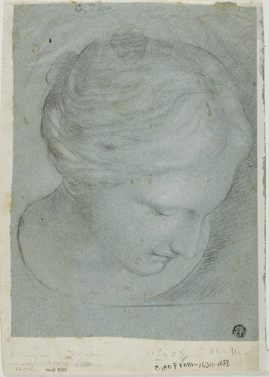 Sculpted Female Head by Ciro Ferri, drawing, 1600-1699