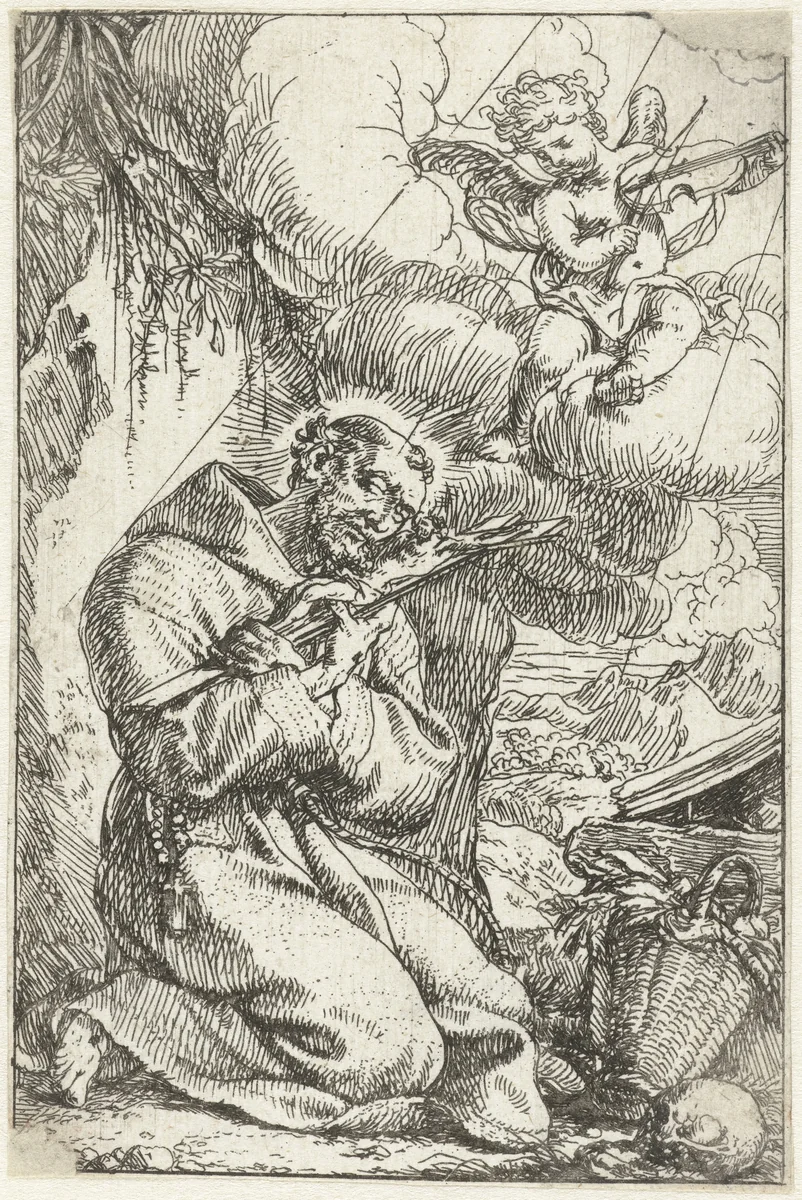 Heilige Franciscus het kruis kussend by Jonas Umbach, print, 1634-1693