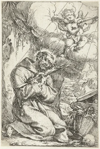 Heilige Franciscus het kruis kussend by Jonas Umbach, print, 1634-1693