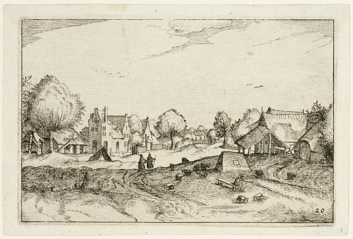 Village Road, plate twenty after Pictures of Farms, Country Houses and Rustic Villages (Praediorum villarum et rusticarum casularum icones) by Claes Jansz Visscher, print, 1612
