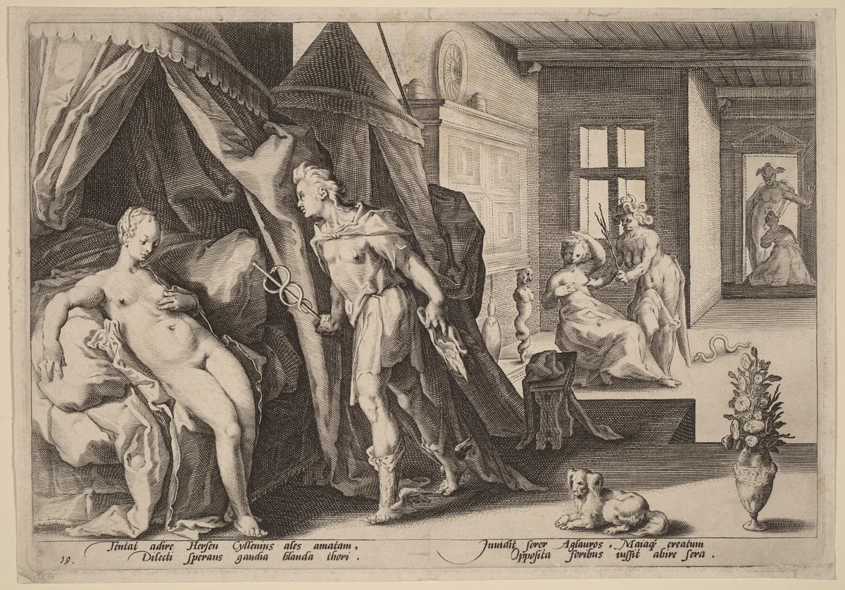 Mercury Entering Herse's Room after Changing Agraulos to Stone by Hendrick Goltzius, print, 1590