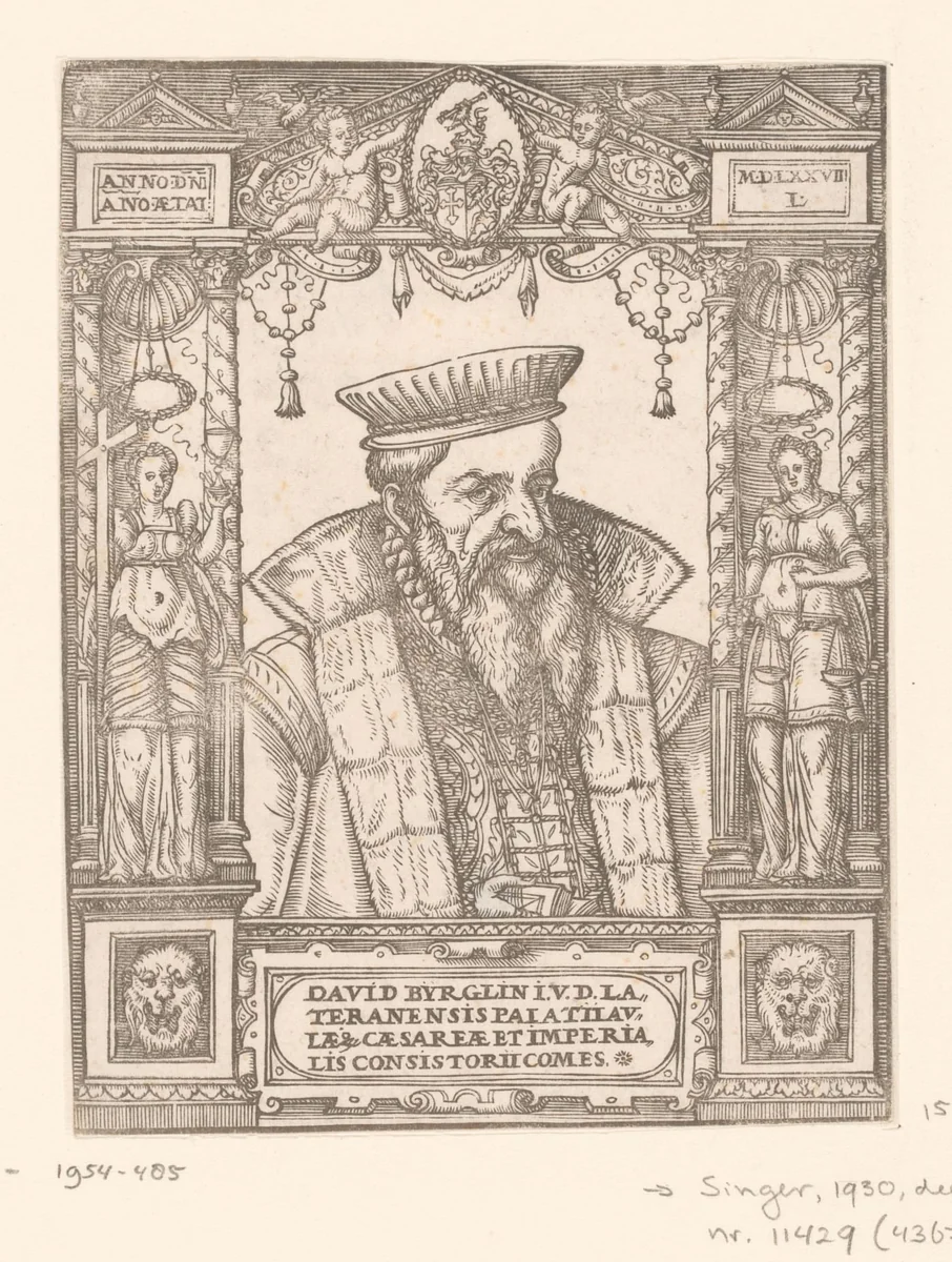 Portret van David Burglin in ornamenteel kader by anonymous, print, 1577