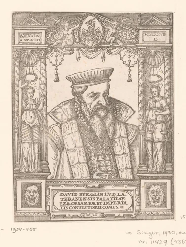 Portret van David Burglin in ornamenteel kader by anonymous, print, 1577