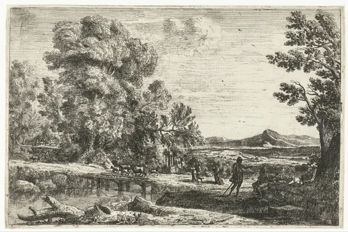 De houten brug by Claude Lorrain, print, 1638-1641