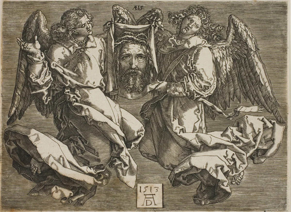 Sudarium Displayed by Two Angels by Jerome Wierix, print, 1568