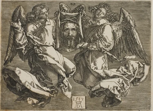 Sudarium Displayed by Two Angels by Jerome Wierix, print, 1568