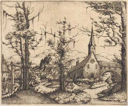 Landscape with a Village Church by Augustin Hirschvogel, print, 1545