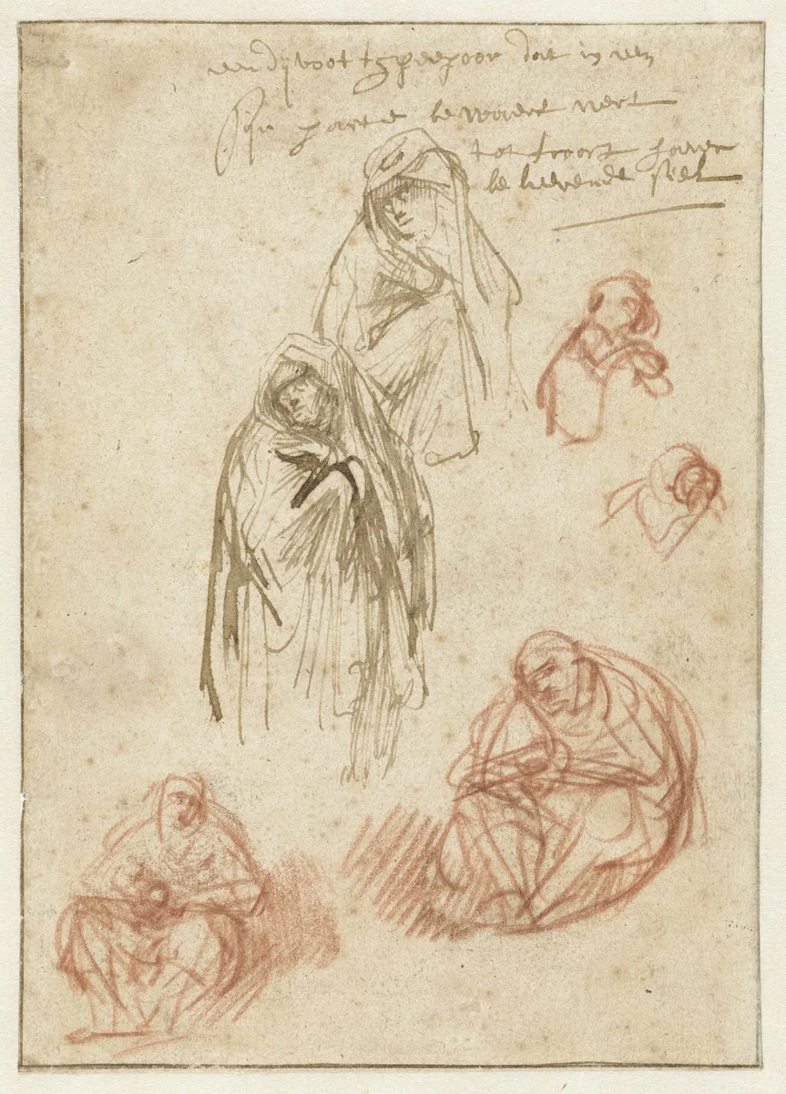 Studies of the Mourning Magdalen and the Virgin by Rembrandt van Rijn, drawing, 1635-1636