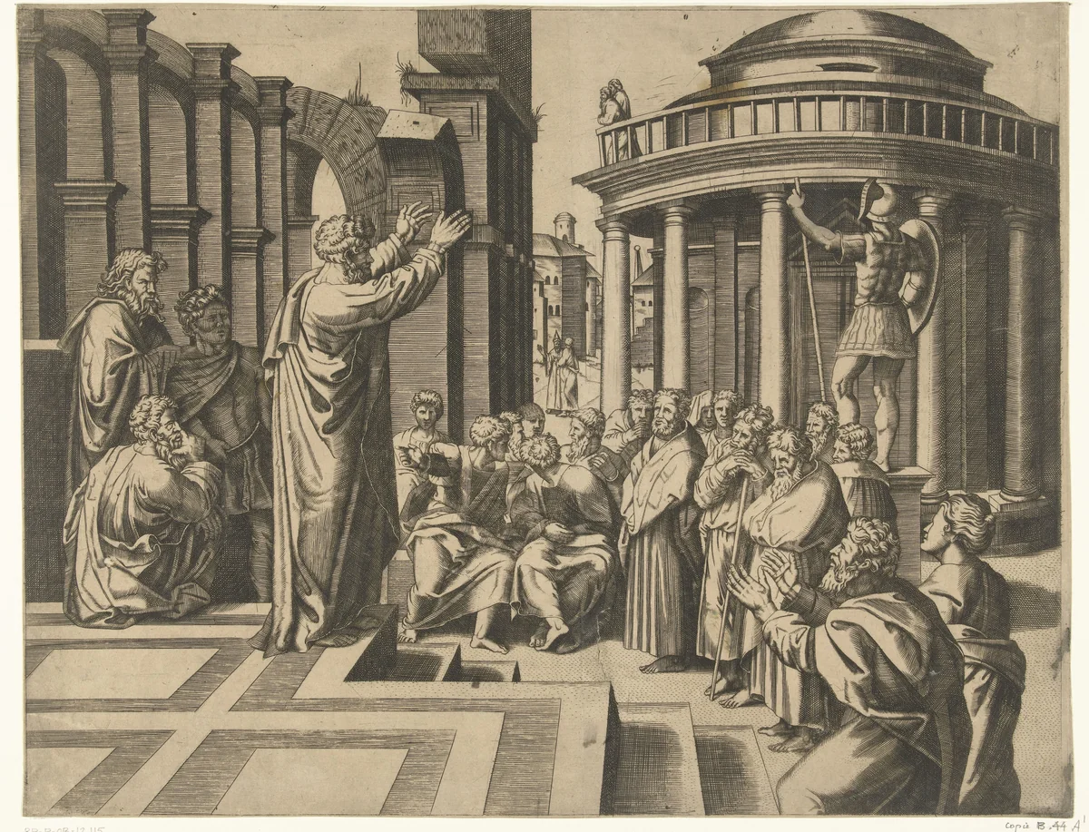 Prediking van Paulus in Athene by anonymous, print, 1517-1570