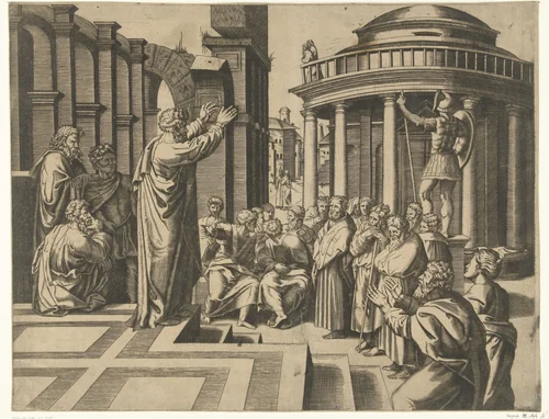 Prediking van Paulus in Athene by anonymous, print, 1517-1570