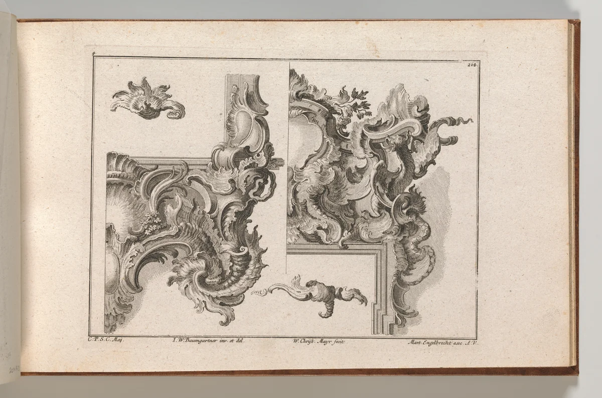 Suggestion for the Decoration of Lower Right and Top Right of an Altar Frame, Plate 4 from an Untitled Series with Rocailles Ornaments for Altar and Door Frames by Wolffgang Christoph Mayr, book, 1745-1755