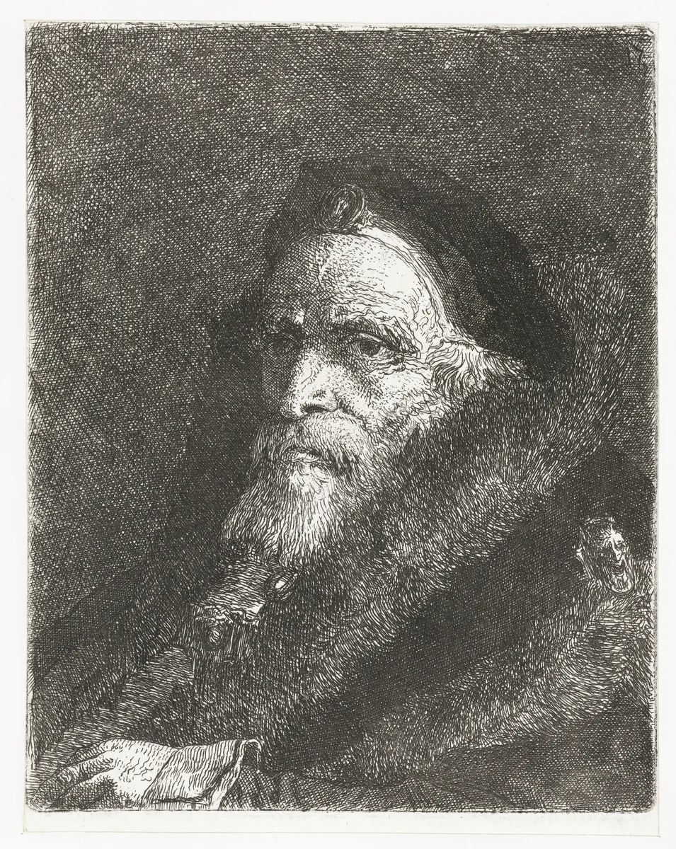 Oude man in bontmantel by Giovanni Domenico Tiepolo, print, 1757-1758