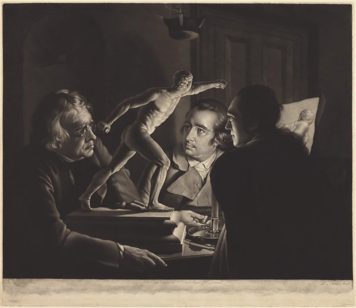 Three Persons Viewing the Gladiator by Candlelight by William Pether, print, 1769