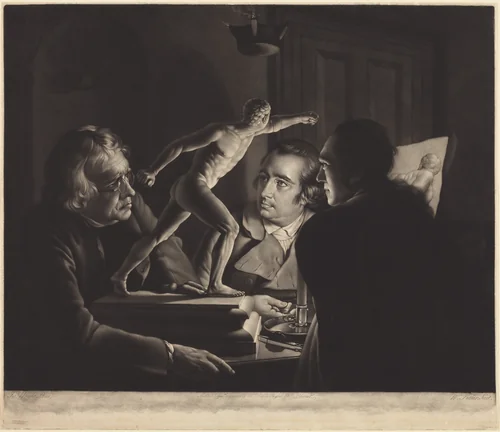 Three Persons Viewing the Gladiator by Candlelight by William Pether, print, 1769