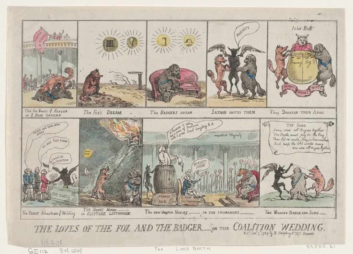The Loves of the Fox and The Badger, or The Coalition Wedding. by Thomas Rowlandson, print, 1784