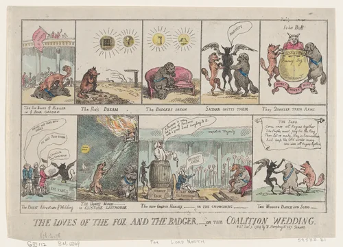The Loves of the Fox and The Badger, or The Coalition Wedding. by Thomas Rowlandson, print, 1784