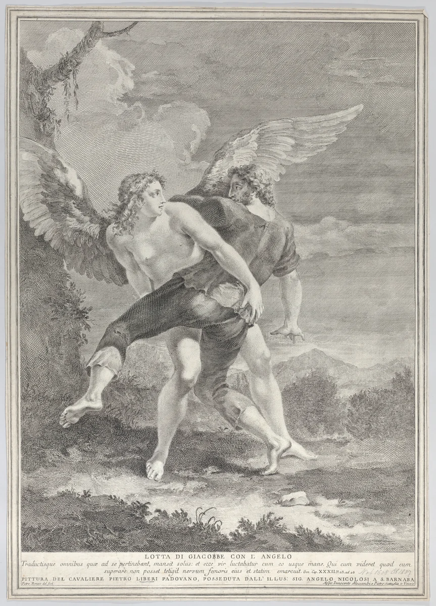 Jacob wrestling the angel by Pietro Monaco, print, 1730-1739