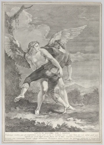Jacob wrestling the angel by Pietro Monaco, print, 1730-1739